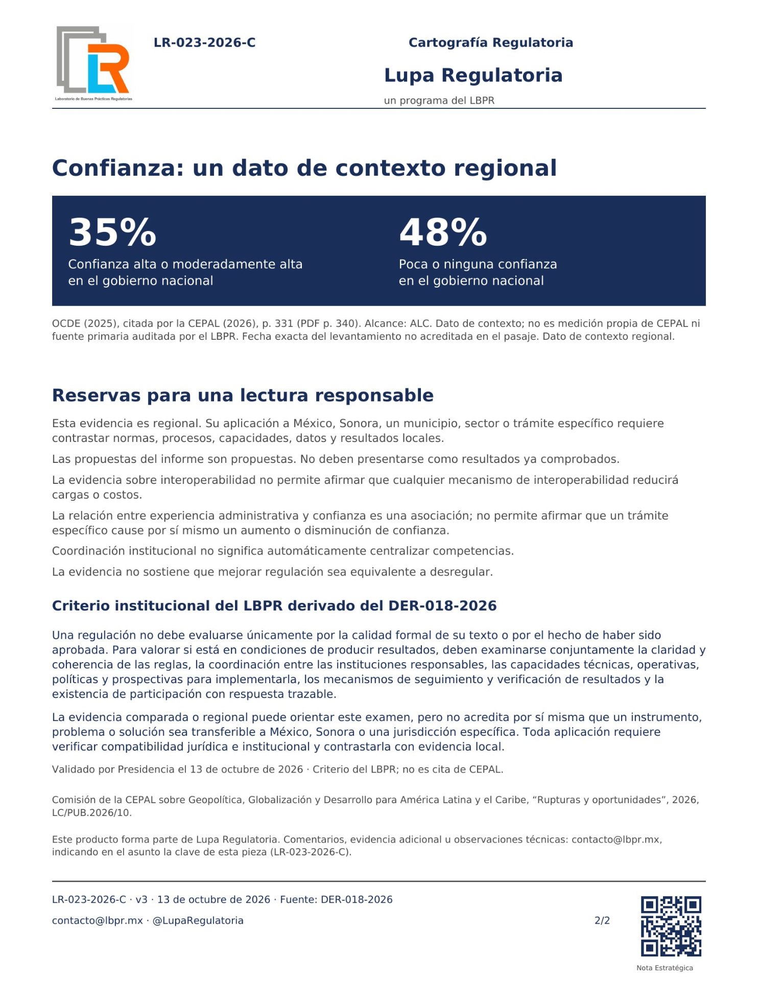 Cartografía Regulatoria LR-023-2026, página 2: reservas para una lectura responsable y criterio institucional del LBPR.